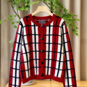 에르도스 레드 체크 양면 니트 가디건